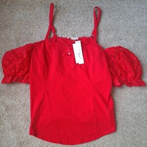 NWT Belle Poque Cold Shoulder Lace Puff Sleeve Red Womens Size 2XL